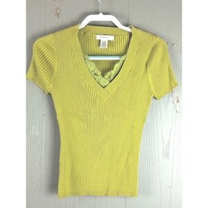 Vintage 90s Y2K Ribbed Sweater Womens Large V Neck Green Short Sleeve‎ Slim Fit